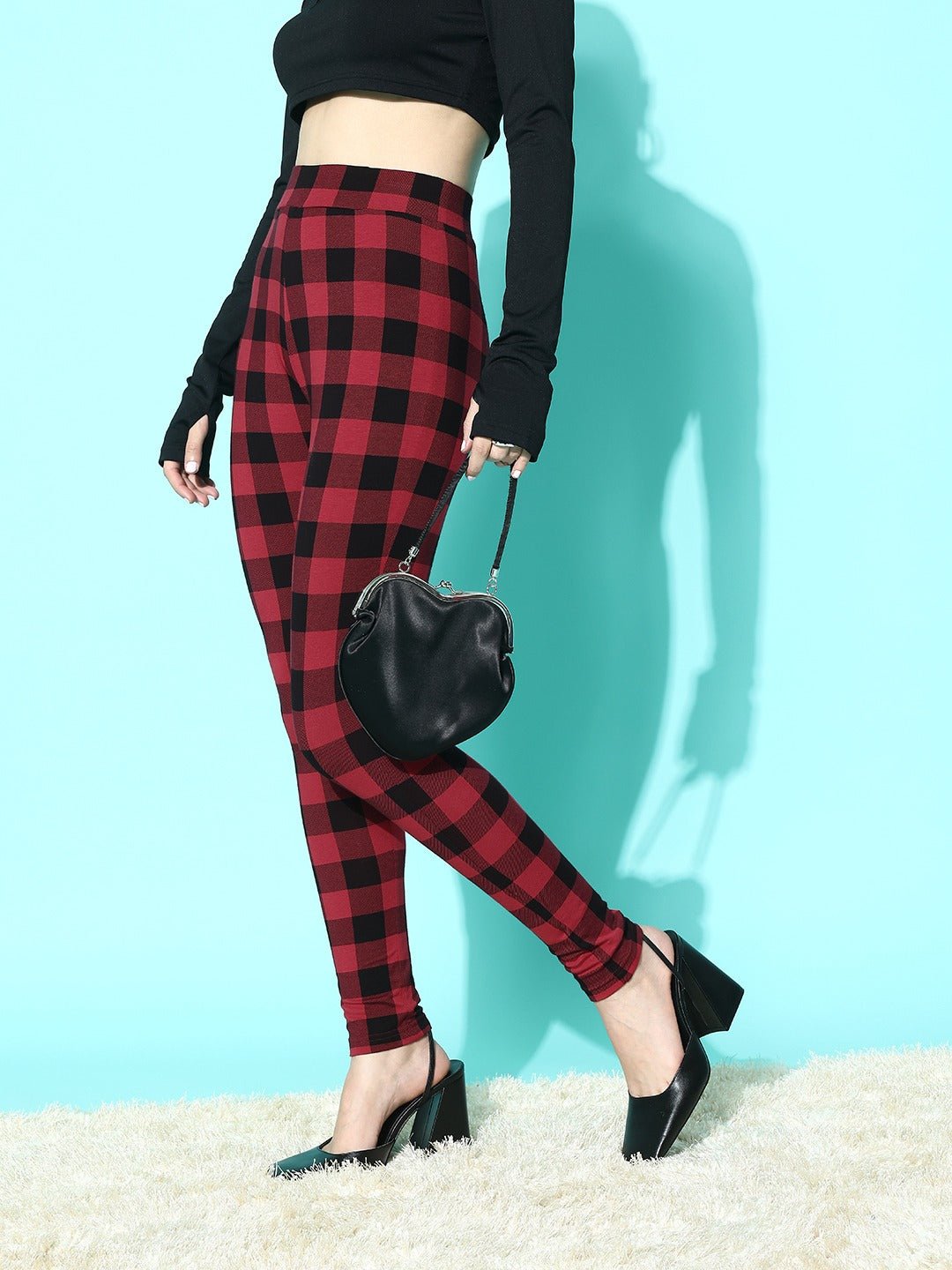 Folk Republic Women Red Checked High Waisted Sports Tights - #folk republic#