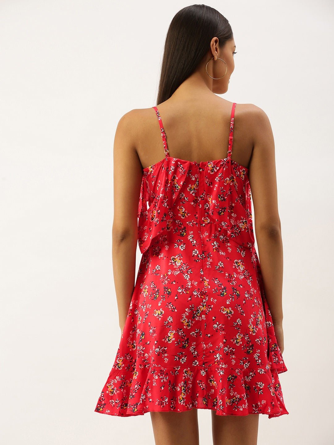 Folk Republic Women Red Flared Floral Print V-Neck Mini Dress - #folk republic#
