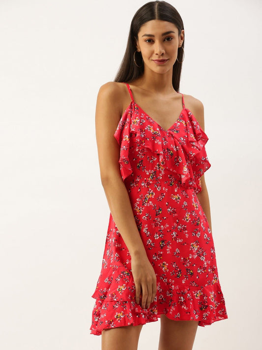 Folk Republic Women Red Flared Floral Print V-Neck Mini Dress - #folk republic#