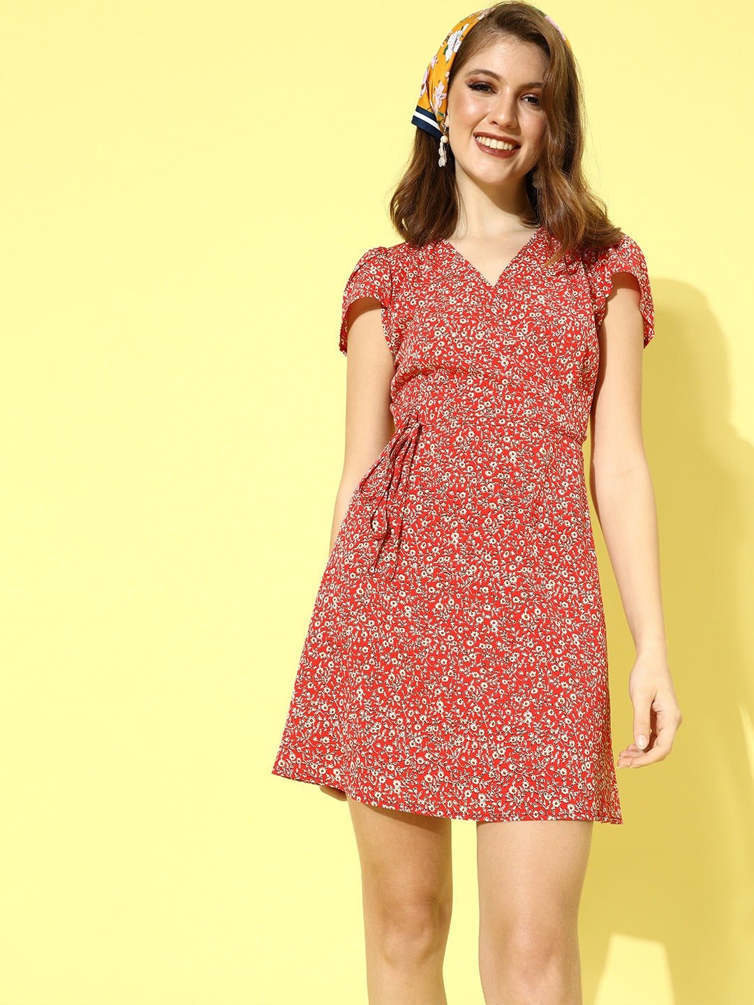 Folk Republic Women Red Floral Printed A-Line Mini Wrap Dress - #folk republic#