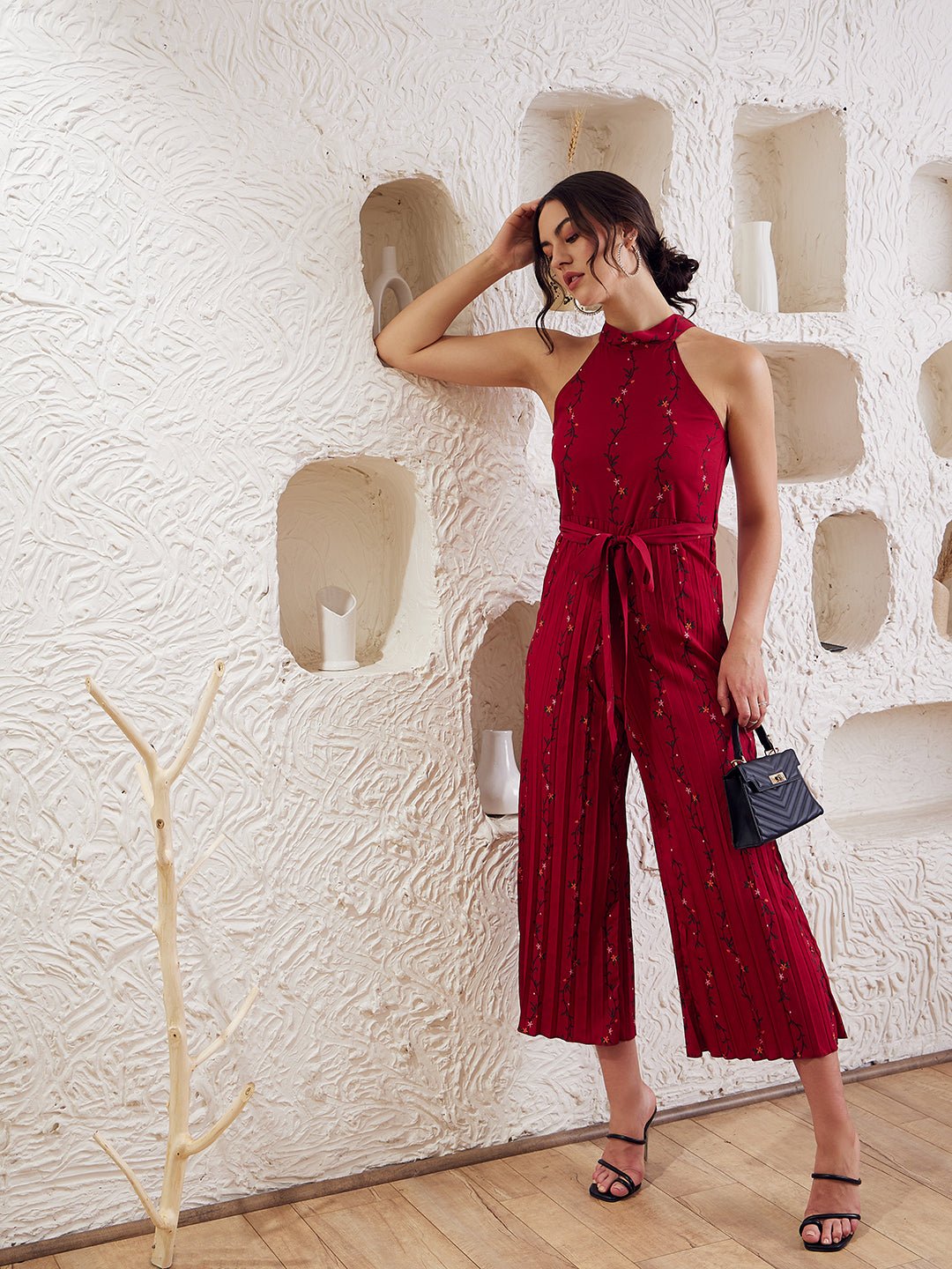 Folk Republic Women Red Floral Printed Halter Neck Sleeveless Waist Tie-Up Pleated Culotte Jumpsuit - #folk republic#