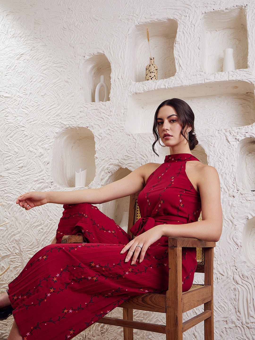Folk Republic Women Red Floral Printed Halter Neck Sleeveless Waist Tie-Up Pleated Culotte Jumpsuit - #folk republic#