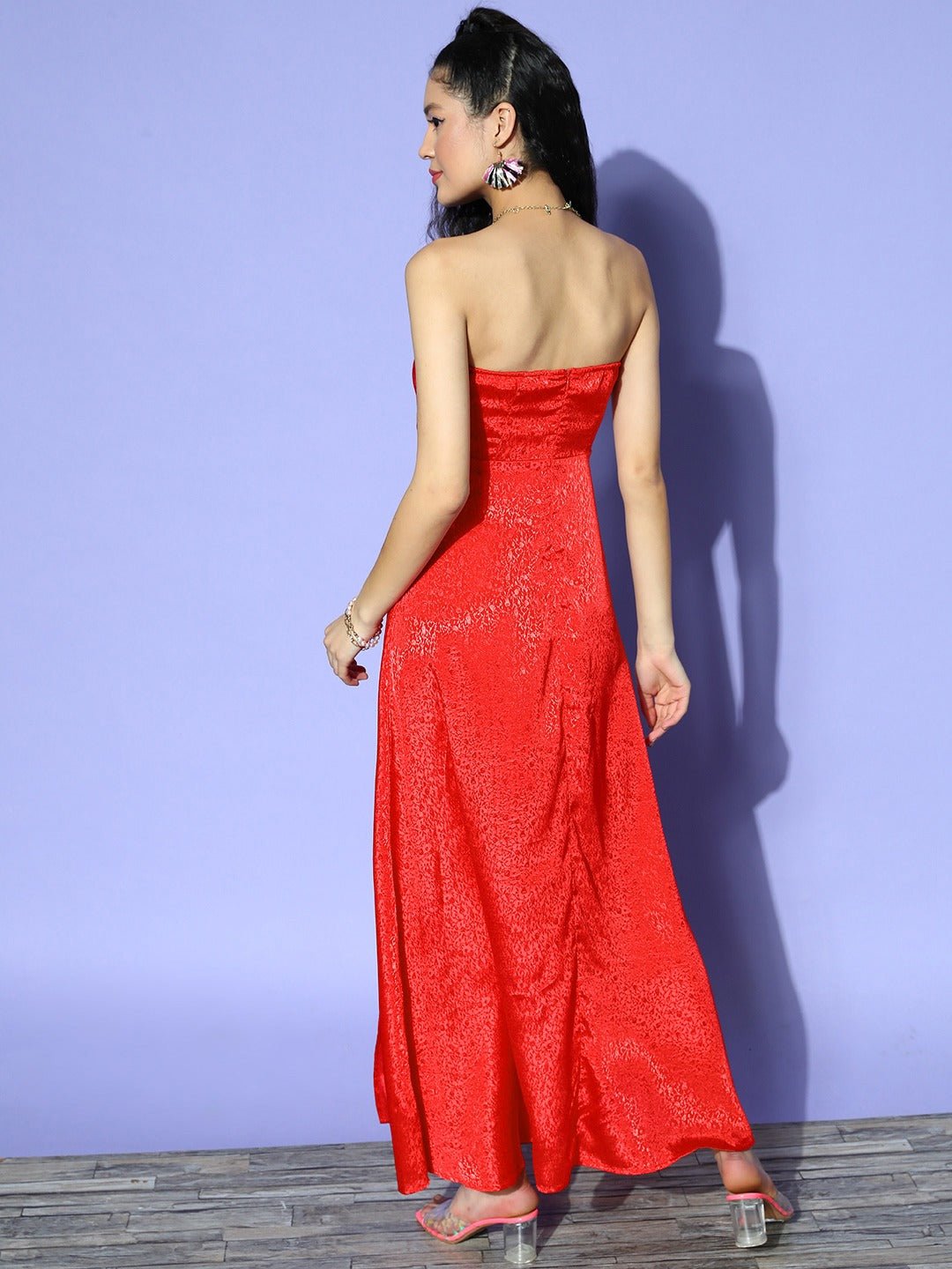 Folk Republic Women Red Floral Printed Strapless Neck Jacquard Thigh-High Slit Flared Maxi Gown Dress - #folk republic#