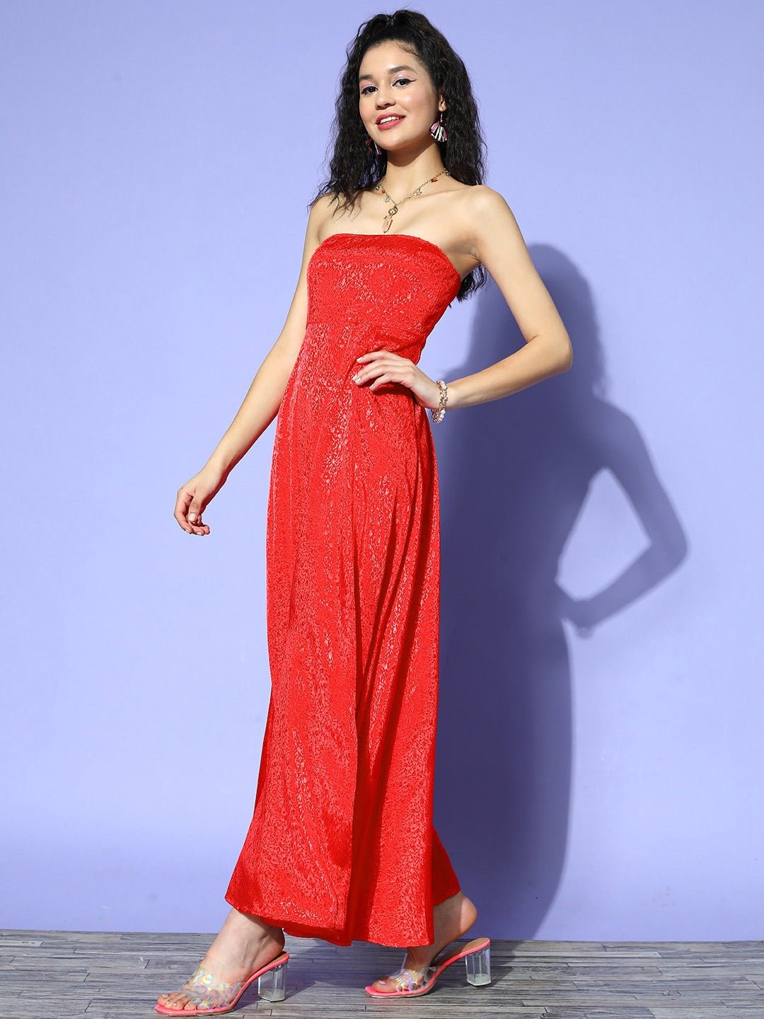 Folk Republic Women Red Floral Printed Strapless Neck Jacquard Thigh-High Slit Flared Maxi Gown Dress - #folk republic#
