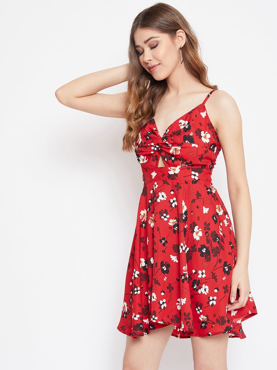Folk Republic Women Red Floral Printed V-Neck Front Twist Knot Fit & Flare Mini Dress - #folk republic#