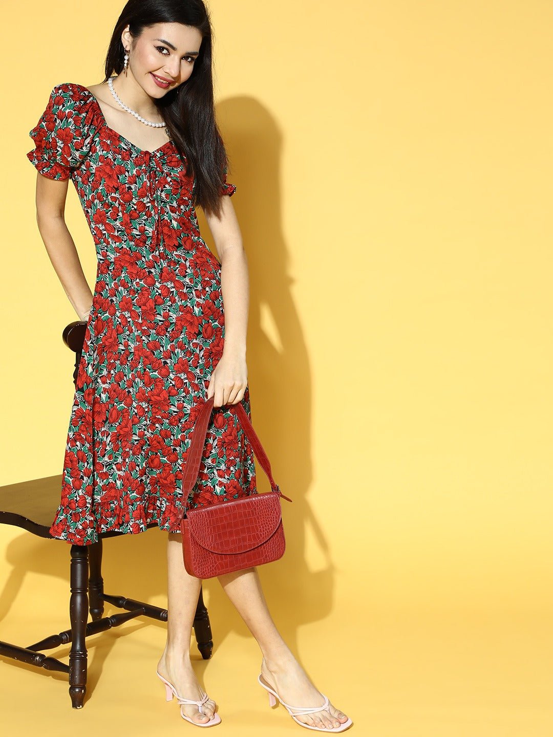 Folk Republic Women Red & Green Floral Printed Crepe A-Line Midi Dress - #folk republic#