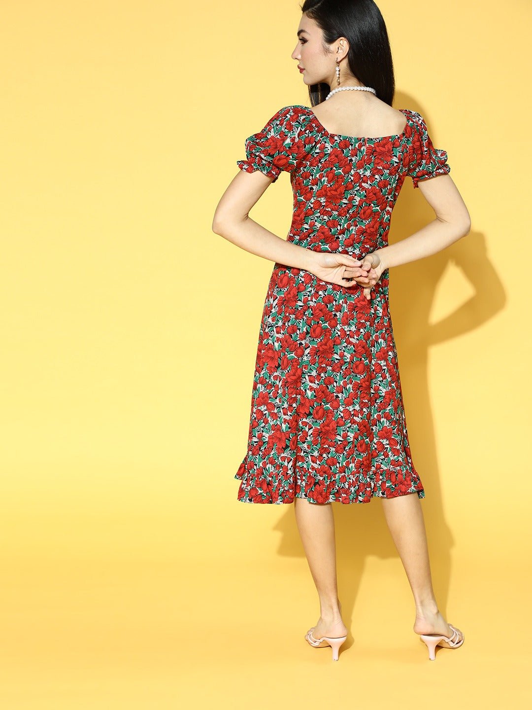 Folk Republic Women Red & Green Floral Printed Crepe A-Line Midi Dress - #folk republic#
