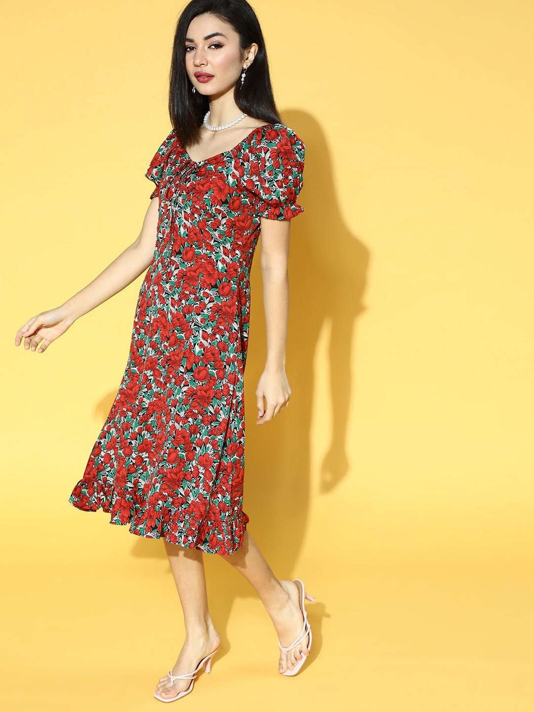 Folk Republic Women Red & Green Floral Printed Crepe A-Line Midi Dress - #folk republic#