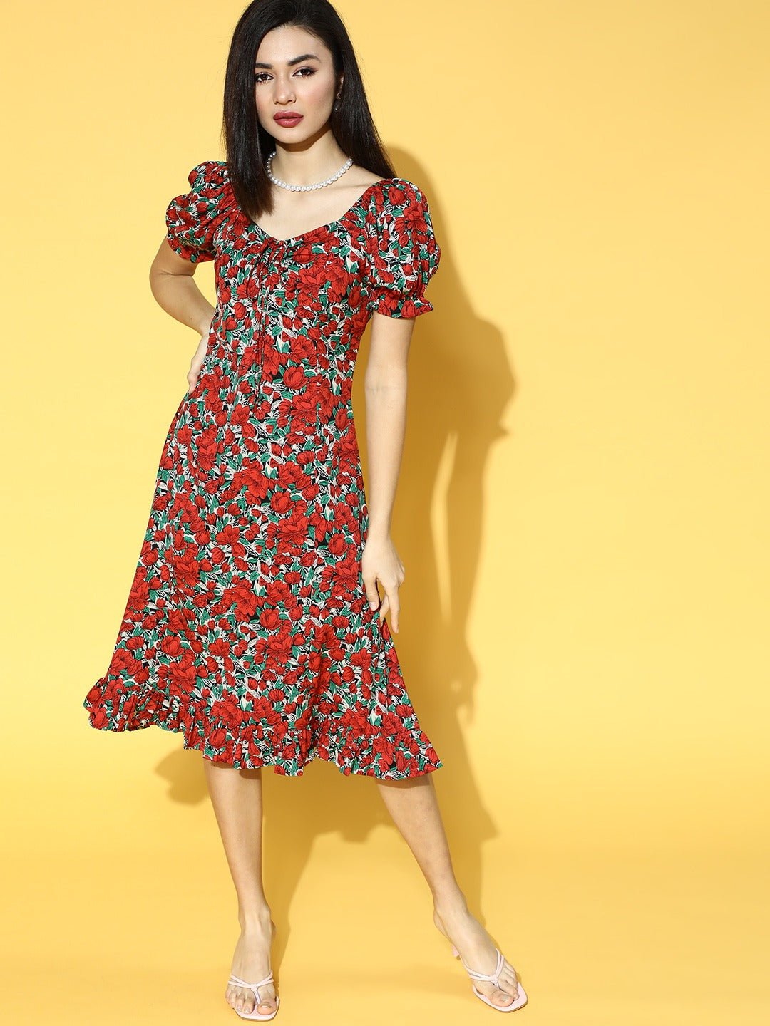Folk Republic Women Red & Green Floral Printed Crepe A-Line Midi Dress - #folk republic#