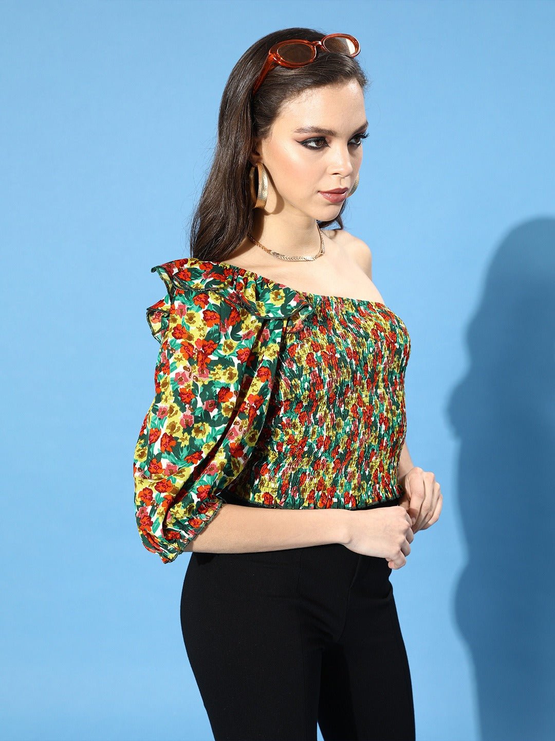 Folk Republic Women Red & Green Floral Printed One-Shoulder Ruffled Bohemian Top - #folk republic#