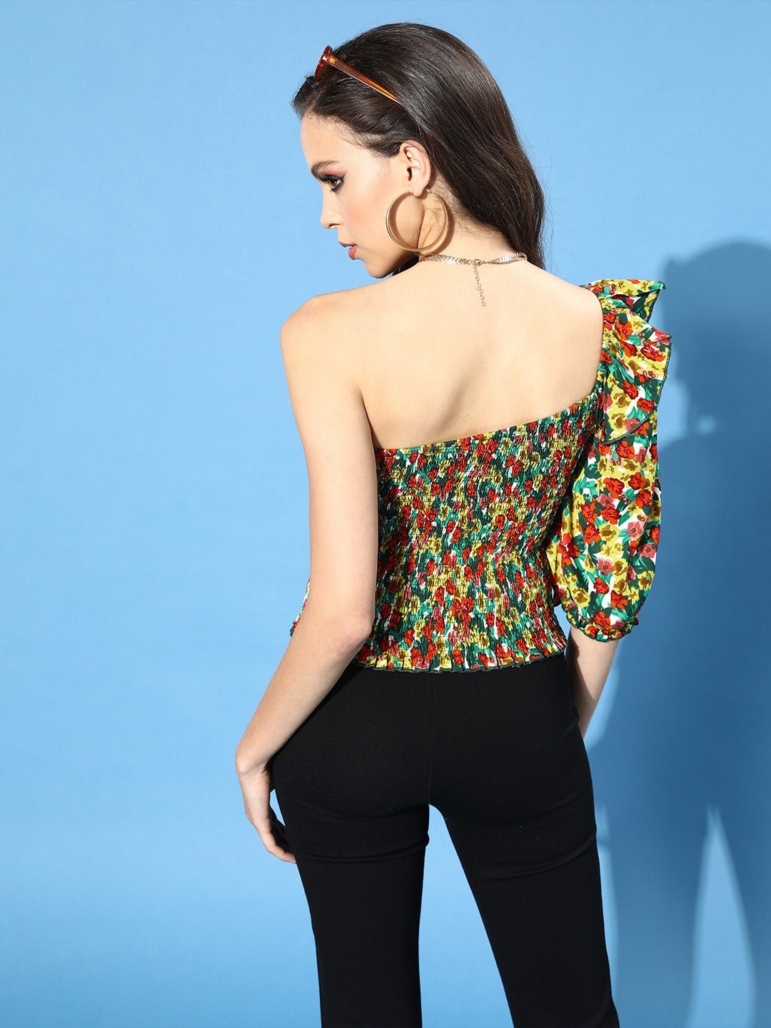 Folk Republic Women Red & Green Floral Printed One-Shoulder Ruffled Bohemian Top - #folk republic#
