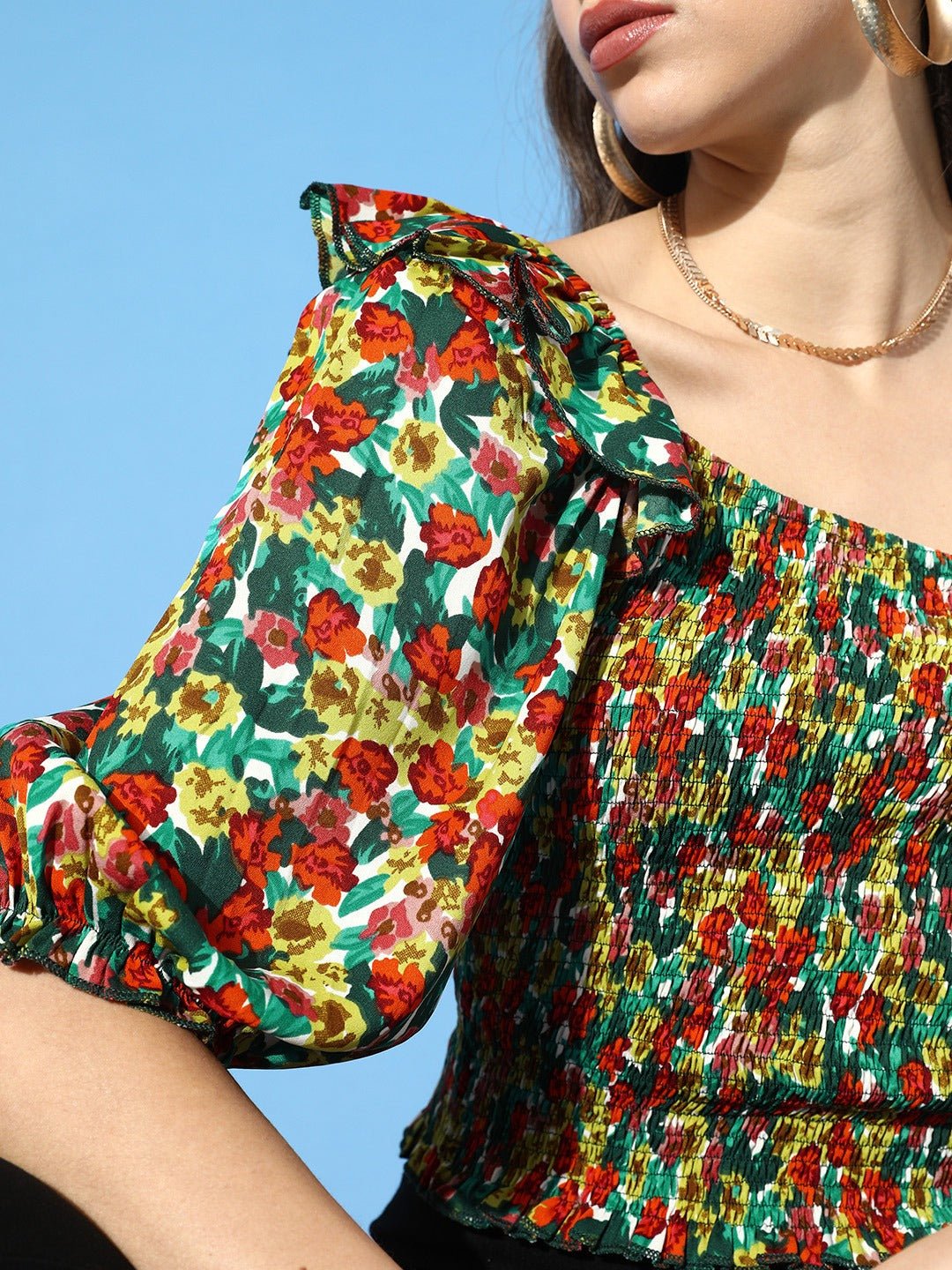 Folk Republic Women Red & Green Floral Printed One-Shoulder Ruffled Bohemian Top - #folk republic#