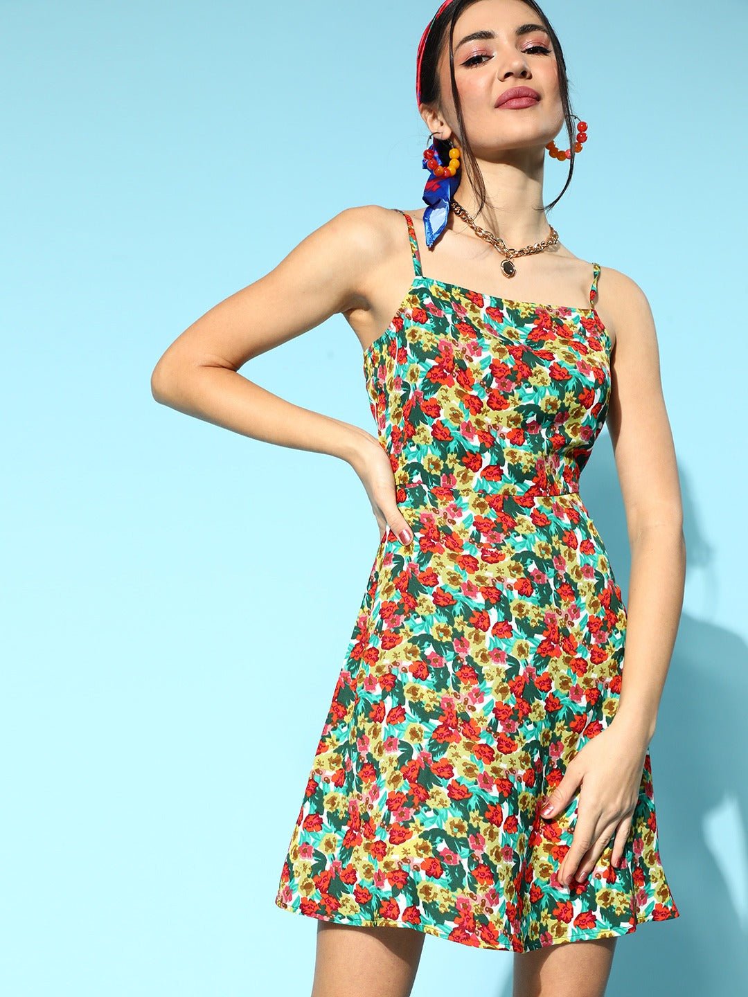 Folk Republic Women Red & Green Floral Printed Square Neck Crepe Flared A-Line Mini Dress - #folk republic#