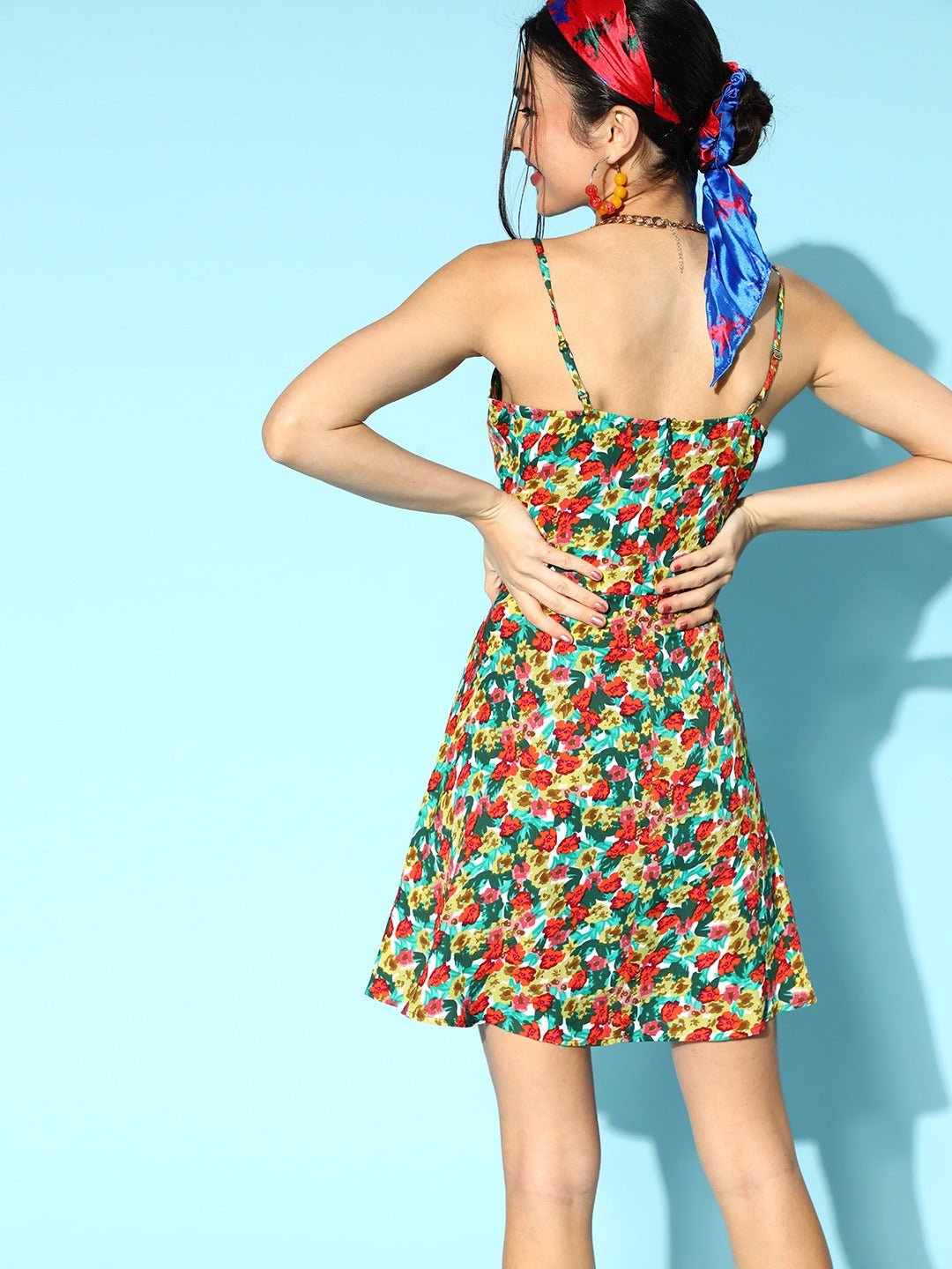 Folk Republic Women Red & Green Floral Printed Square Neck Crepe Flared A-Line Mini Dress - #folk republic#