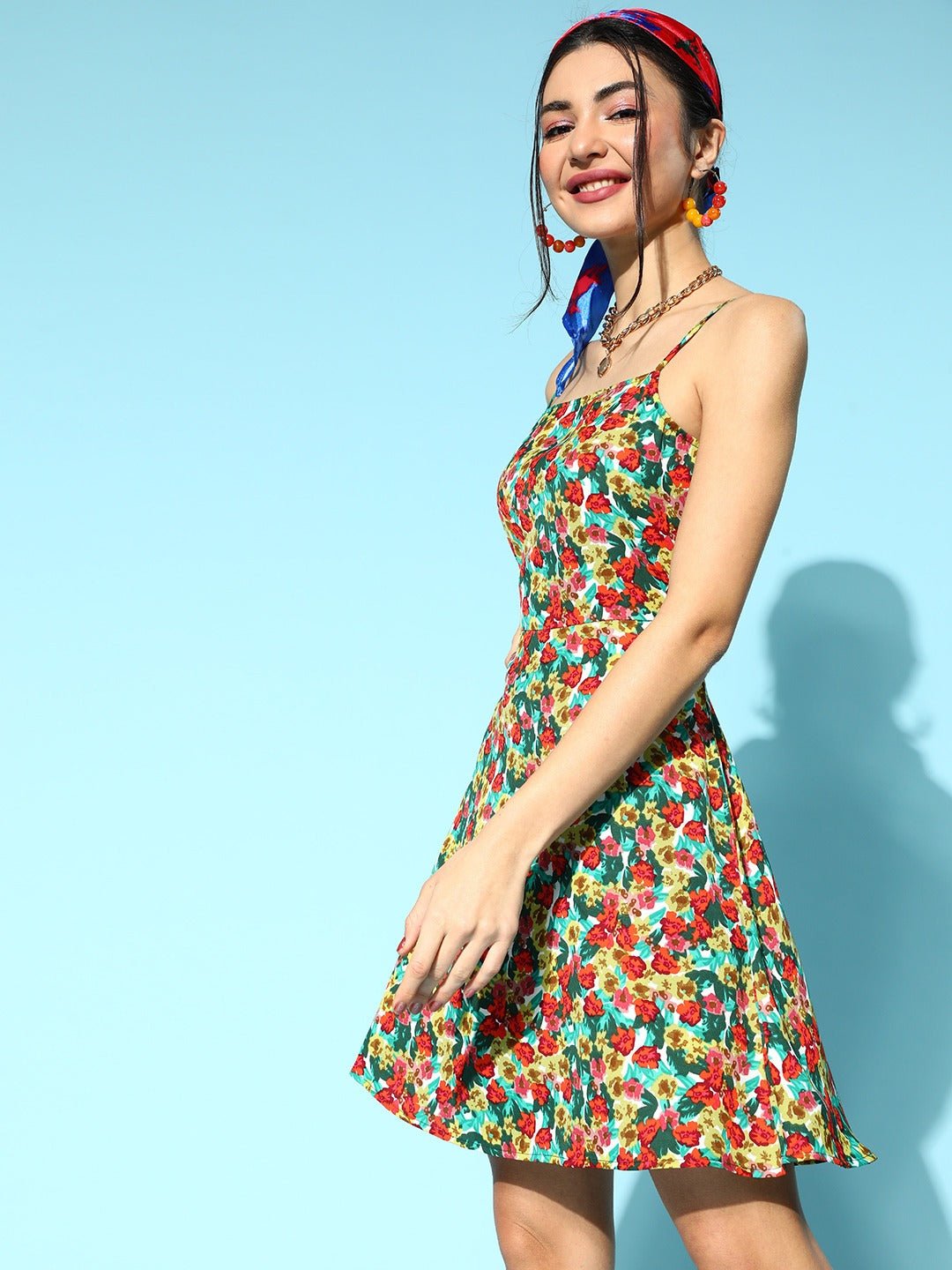 Folk Republic Women Red & Green Floral Printed Square Neck Crepe Flared A-Line Mini Dress - #folk republic#