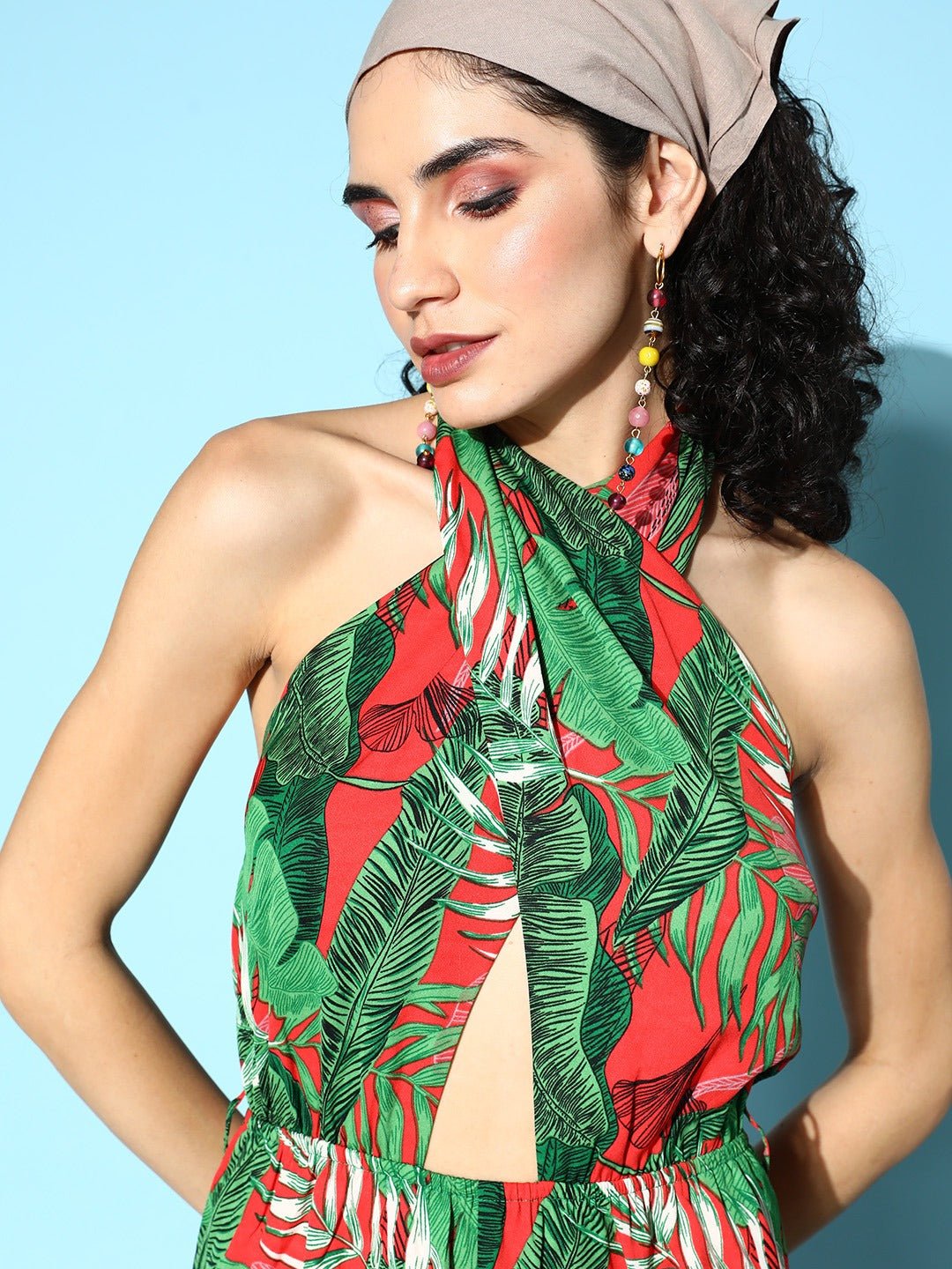 Folk Republic Women Red & Green Tropical Printed Halter Neck Sleeveless Front Cutout Tie-Up Gathered Mini Jumpsuit - #folk republic#