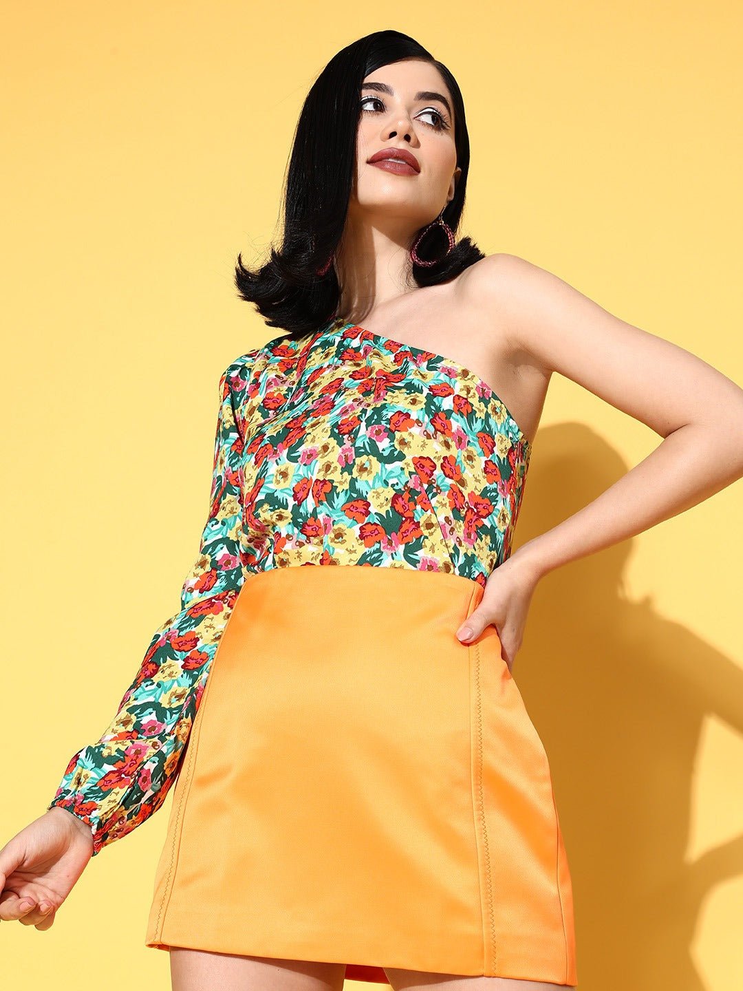 Folk Republic Women Red, Green, & Yellow Floral Printed One-Shoulder Neck Crepe Woven Regular Top - #folk republic#
