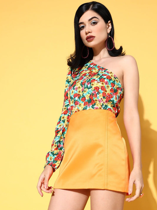 Folk Republic Women Red, Green, & Yellow Floral Printed One-Shoulder Neck Crepe Woven Regular Top - #folk republic#