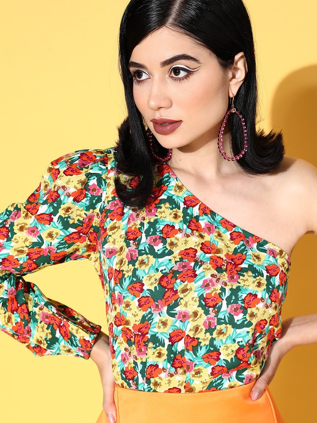 Folk Republic Women Red, Green, & Yellow Floral Printed One-Shoulder Neck Crepe Woven Regular Top - #folk republic#