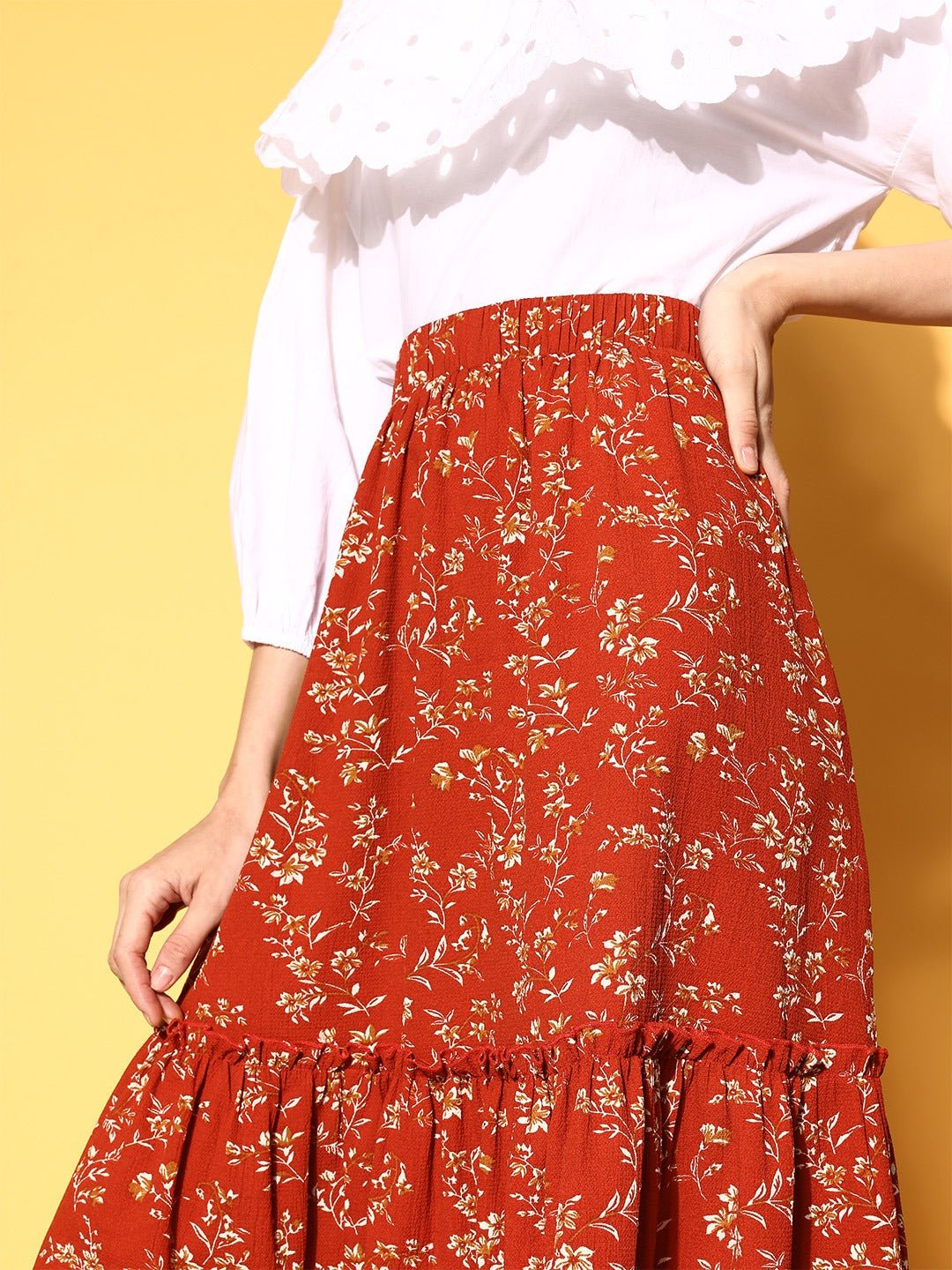 Folk Republic Women Red & Off-White Micro Ditsy Floral Printed Crepe Tiered A-Line Midi Skirt - #folk republic#