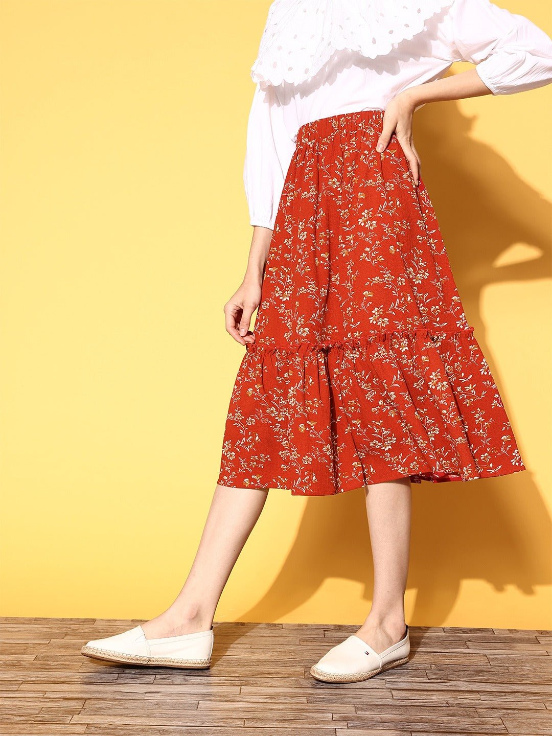 Folk Republic Women Red & Off-White Micro Ditsy Floral Printed Crepe Tiered A-Line Midi Skirt - #folk republic#
