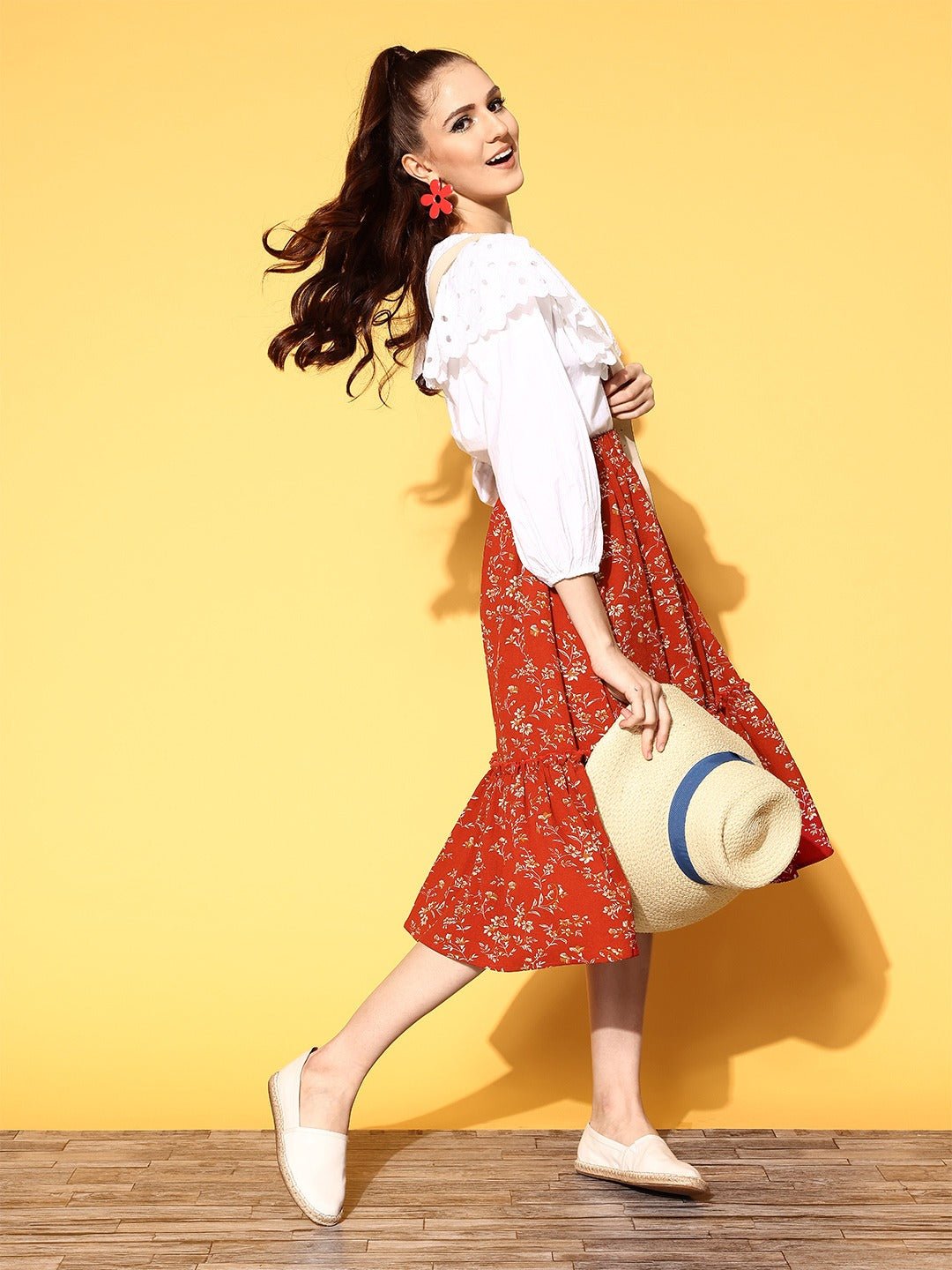 Folk Republic Women Red & Off-White Micro Ditsy Floral Printed Crepe Tiered A-Line Midi Skirt - #folk republic#