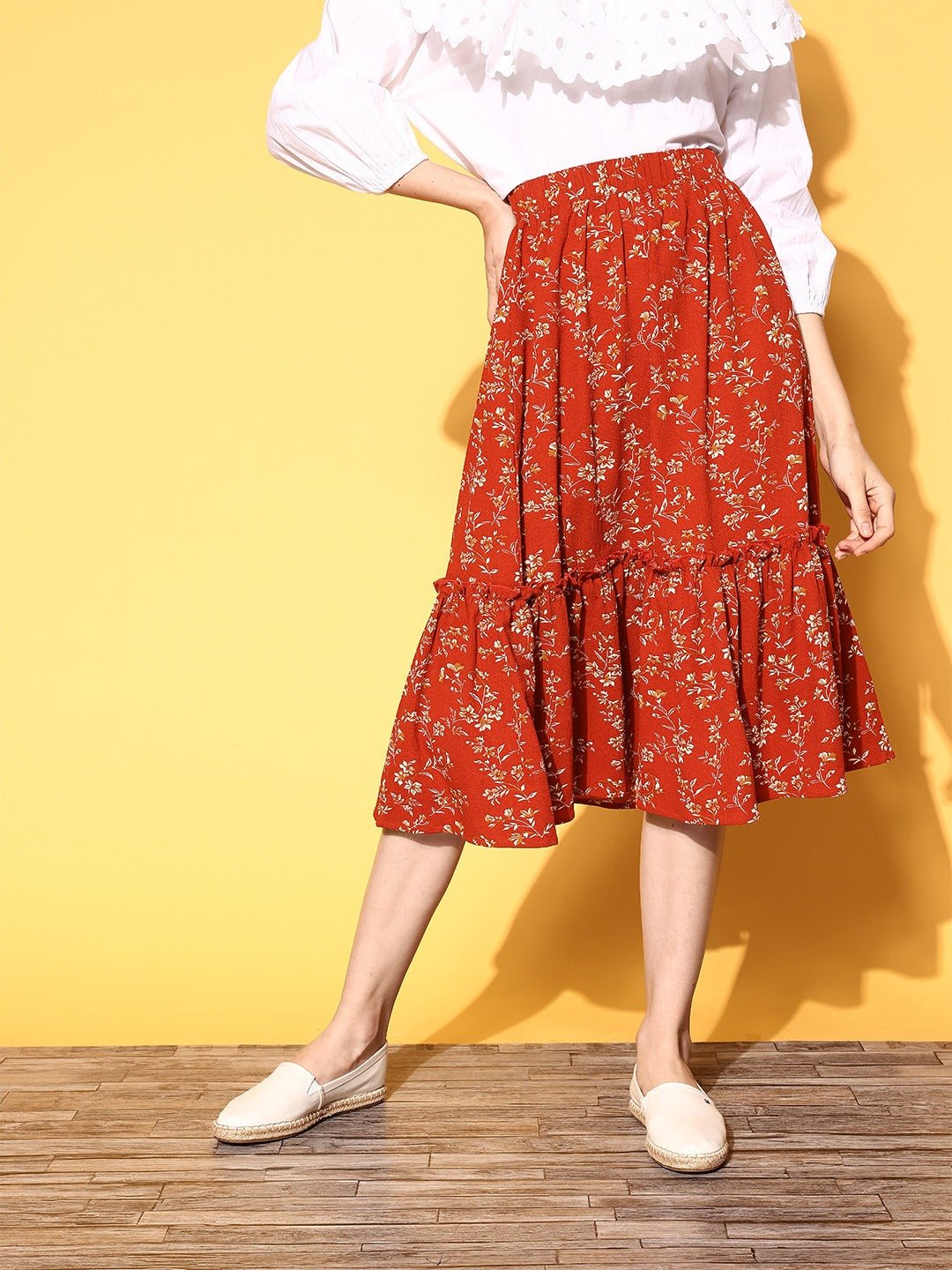 Folk Republic Women Red & Off-White Micro Ditsy Floral Printed Crepe Tiered A-Line Midi Skirt - #folk republic#