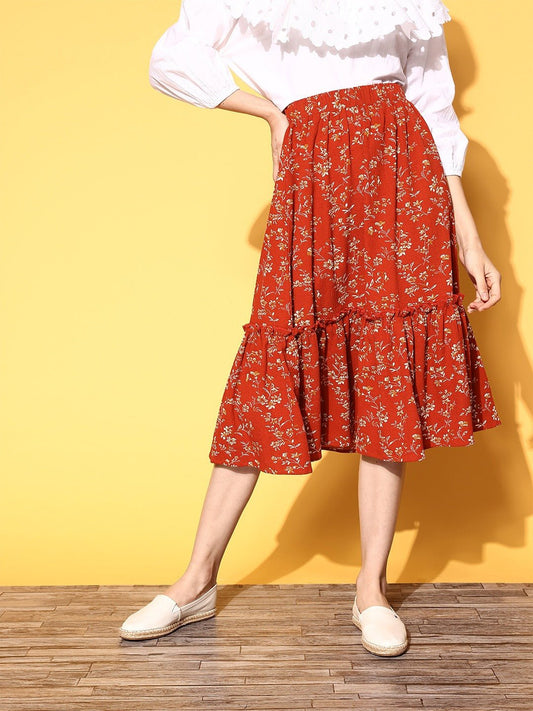 Folk Republic Women Red & Off-White Micro Ditsy Floral Printed Crepe Tiered A-Line Midi Skirt - #folk republic#
