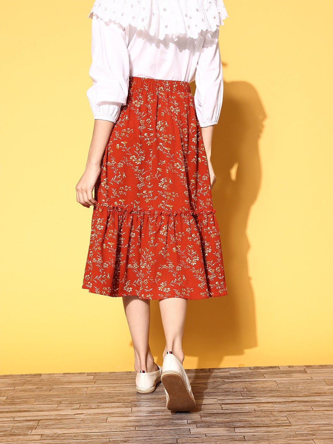 Folk Republic Women Red & Off-White Micro Ditsy Floral Printed Crepe Tiered A-Line Midi Skirt - #folk republic#