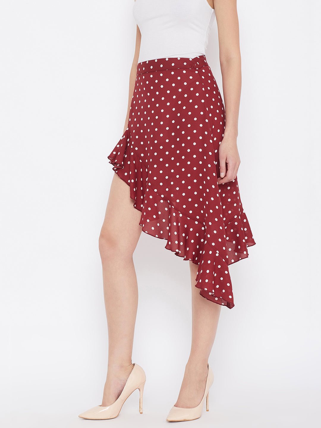 Folk Republic Women Red Polka Dot Asymmetrical Ruffled A-Line Midi Skirt - #folk republic#