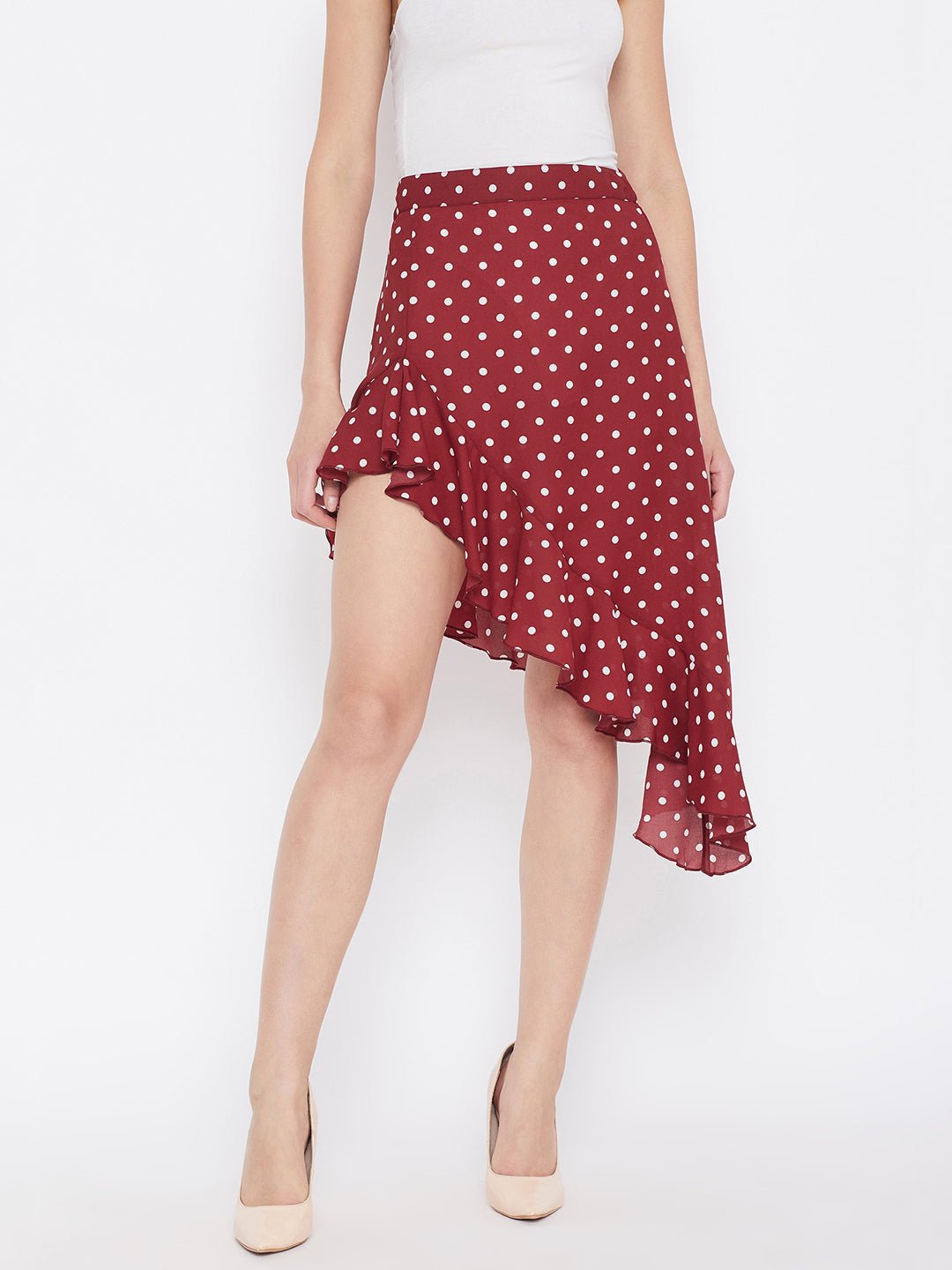 Folk Republic Women Red Polka Dot Asymmetrical Ruffled A-Line Midi Skirt - #folk republic#