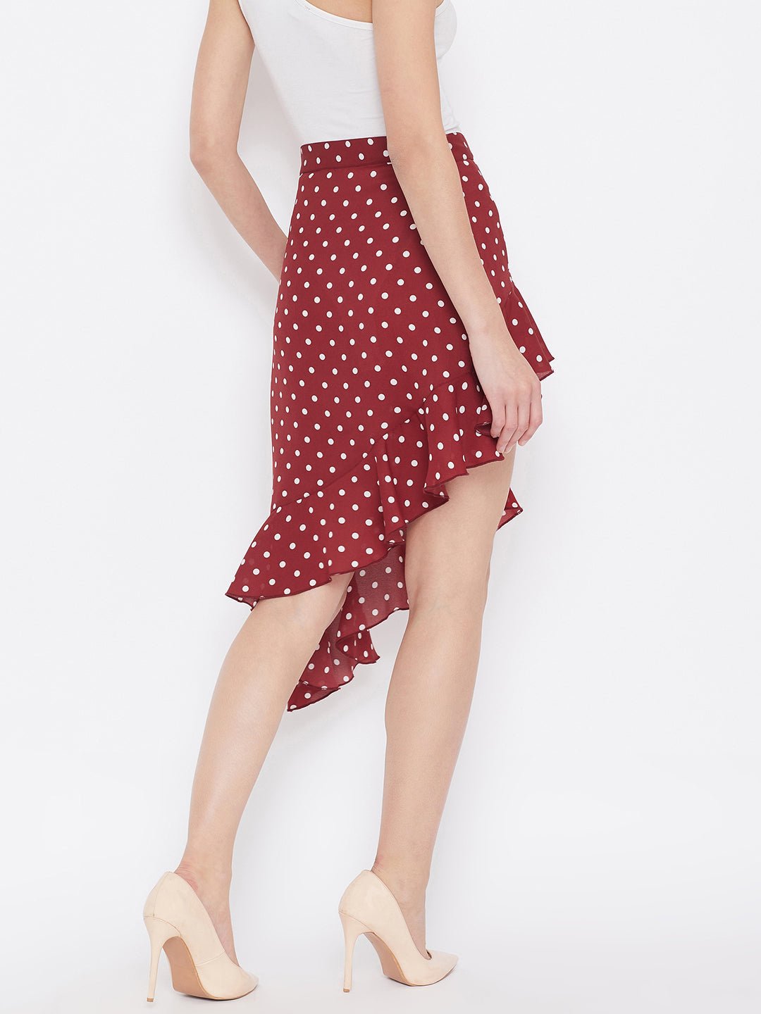 Folk Republic Women Red Polka Dot Asymmetrical Ruffled A-Line Midi Skirt - #folk republic#