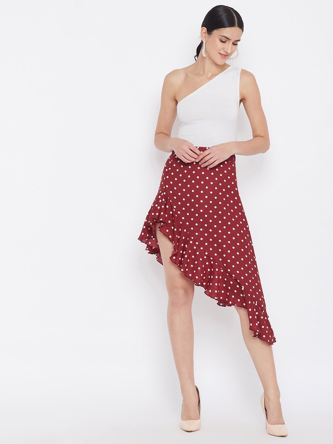 Folk Republic Women Red Polka Dot Asymmetrical Ruffled A-Line Midi Skirt - #folk republic#