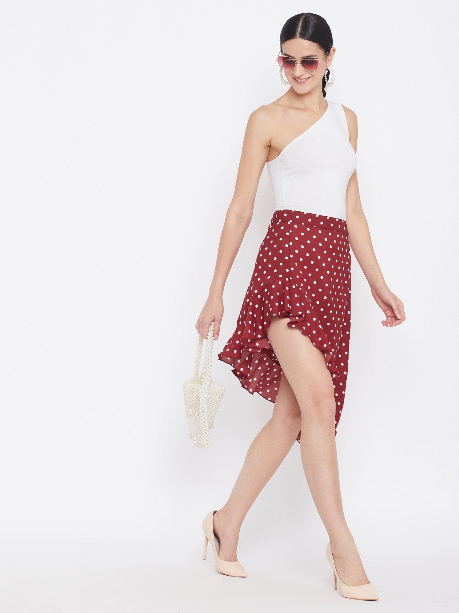 Folk Republic Women Red Polka Dot Asymmetrical Ruffled A-Line Midi Skirt - #folk republic#
