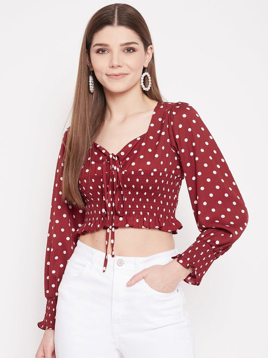 Folk Republic Women Red Polka-Dot Print Front Tie Shirred Crop Top - #folk republic#