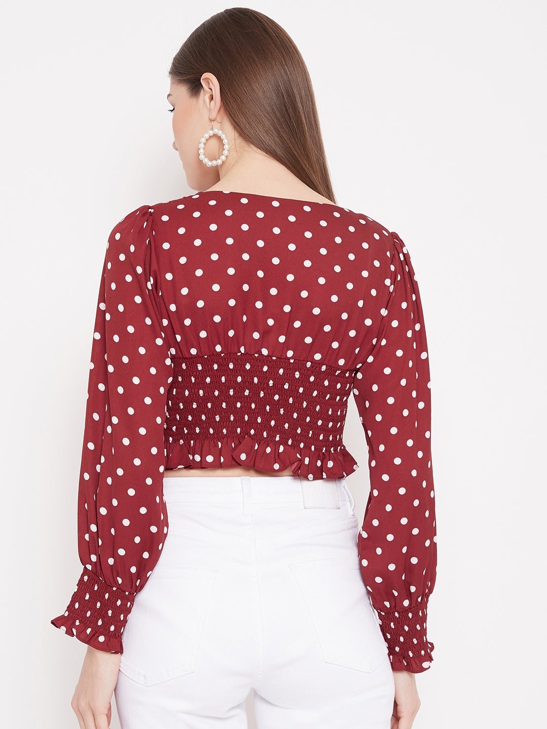 Folk Republic Women Red Polka-Dot Print Front Tie Shirred Crop Top - #folk republic#
