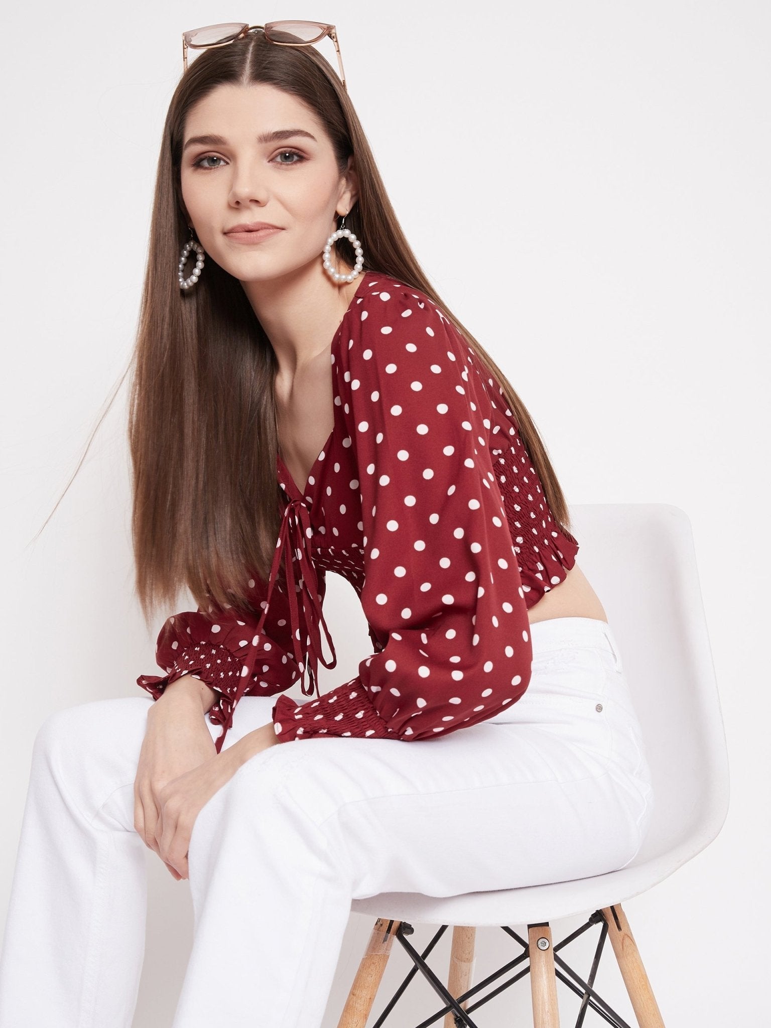 Folk Republic Women Red Polka-Dot Print Front Tie Shirred Crop Top - #folk republic#