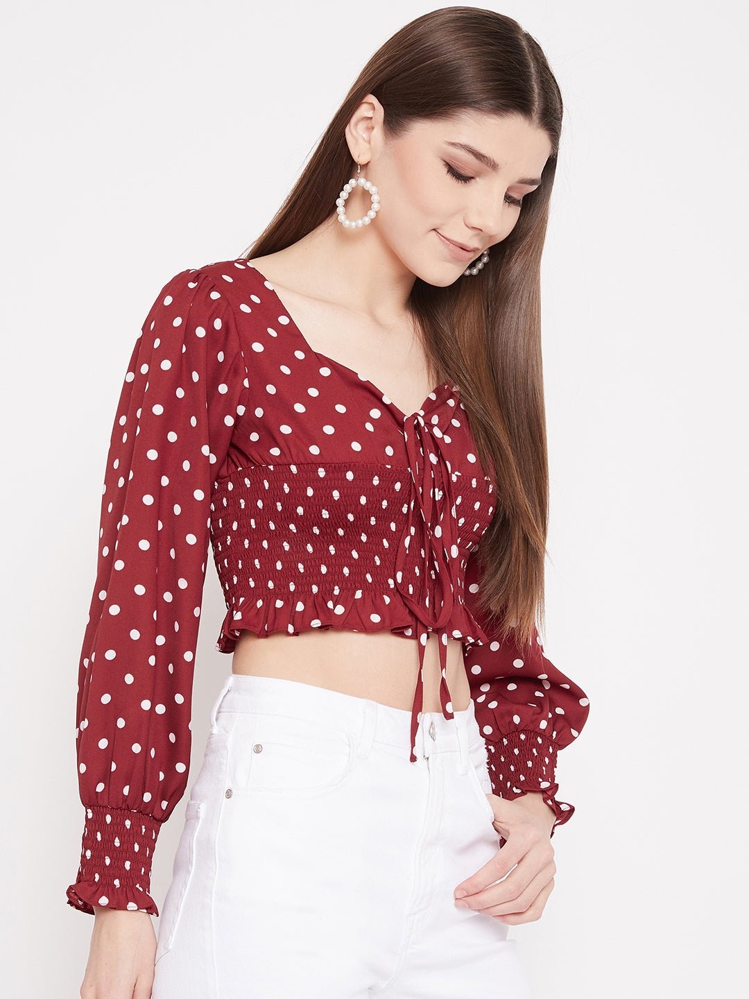 Folk Republic Women Red Polka-Dot Print Front Tie Shirred Crop Top - #folk republic#