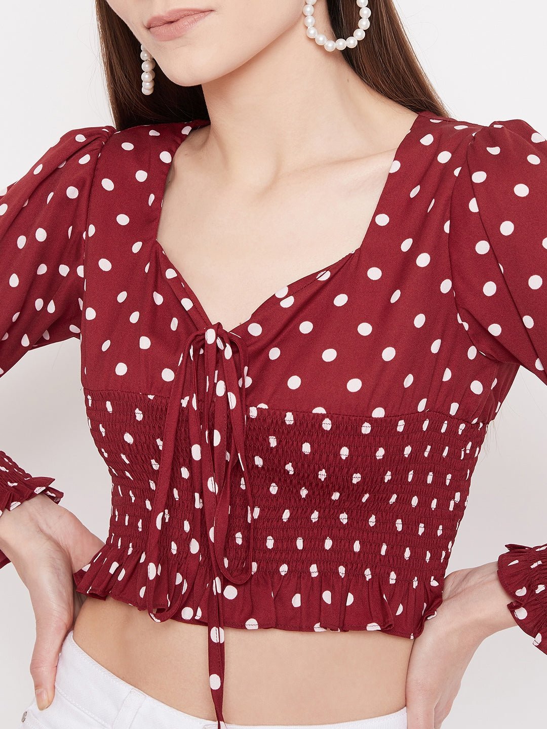 Folk Republic Women Red Polka-Dot Print Front Tie Shirred Crop Top - #folk republic#