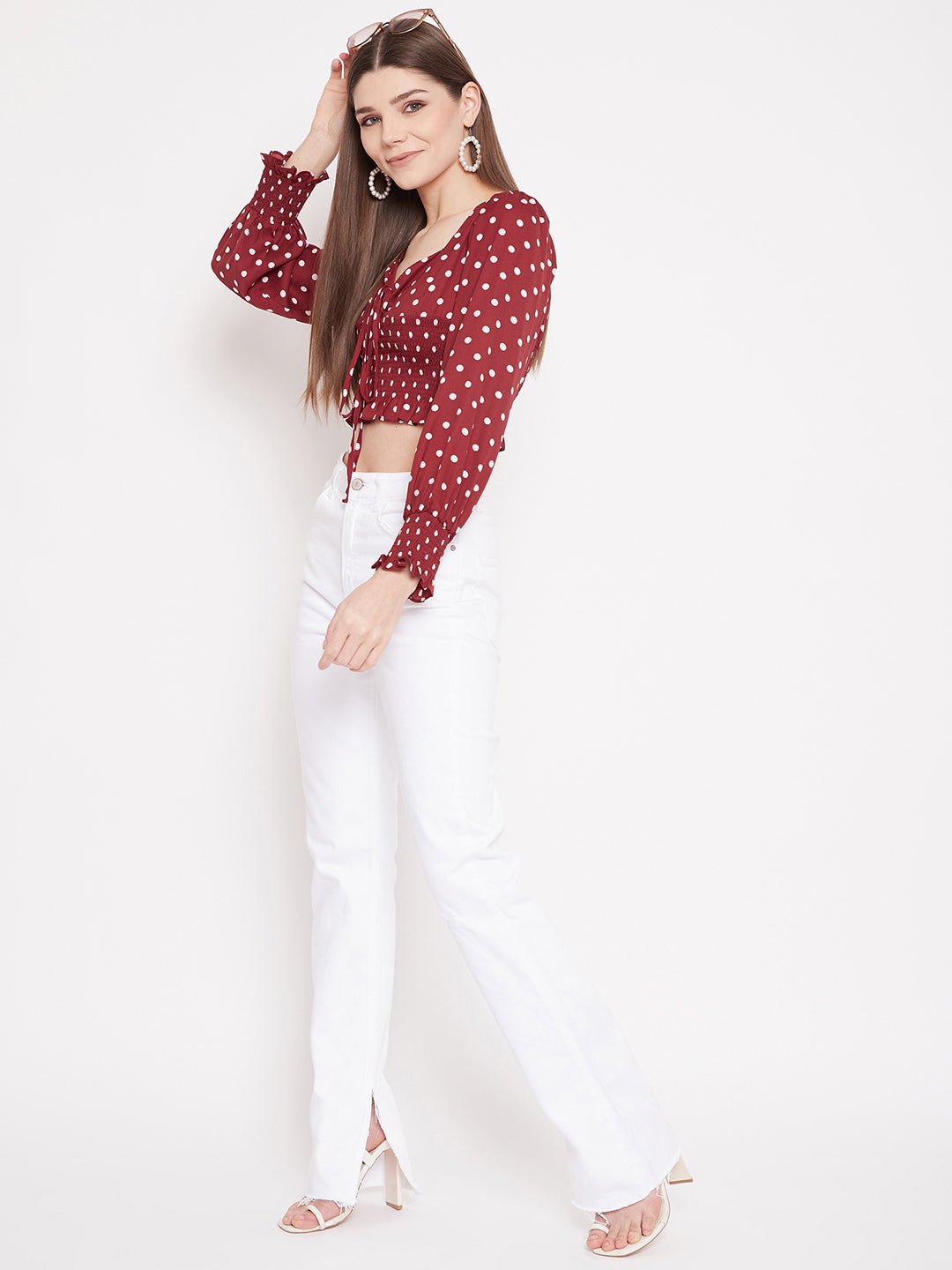 Folk Republic Women Red Polka-Dot Print Front Tie Shirred Crop Top - #folk republic#