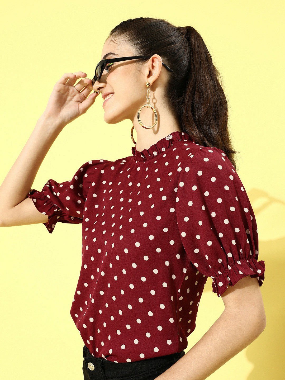 Folk Republic Women Red Polka Dot Printed Crepe Regular Top - #folk republic#