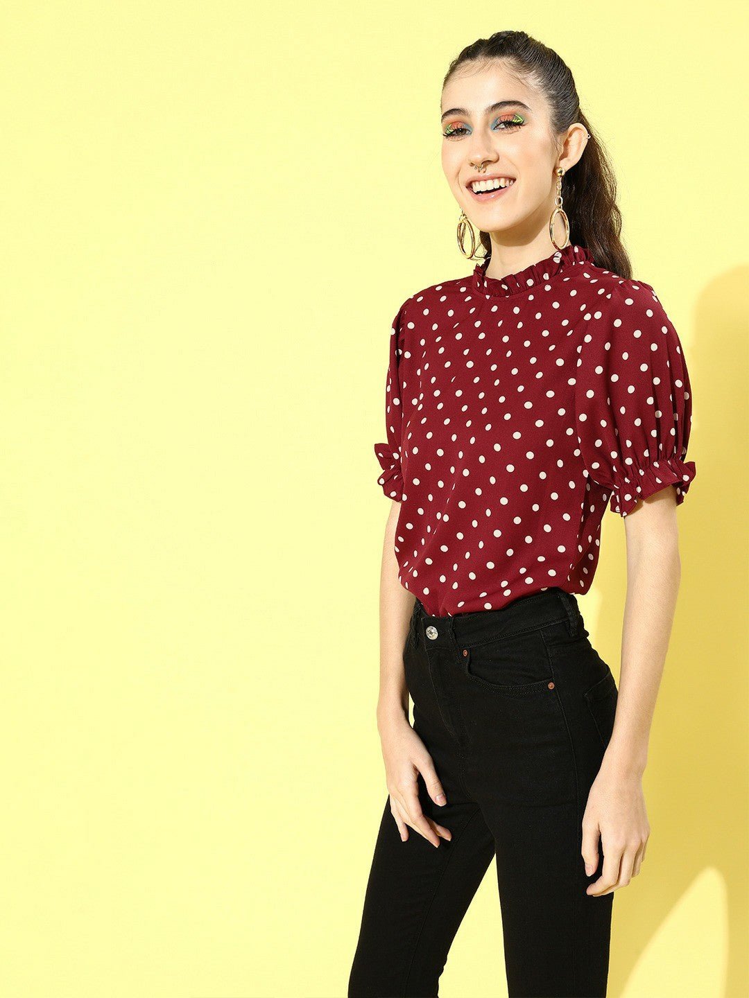 Folk Republic Women Red Polka Dot Printed Crepe Regular Top - #folk republic#