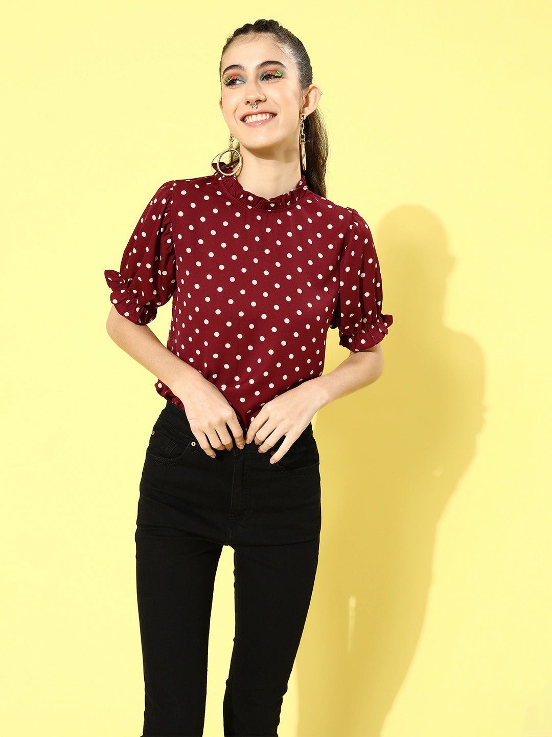 Folk Republic Women Red Polka Dot Printed Crepe Regular Top - #folk republic#