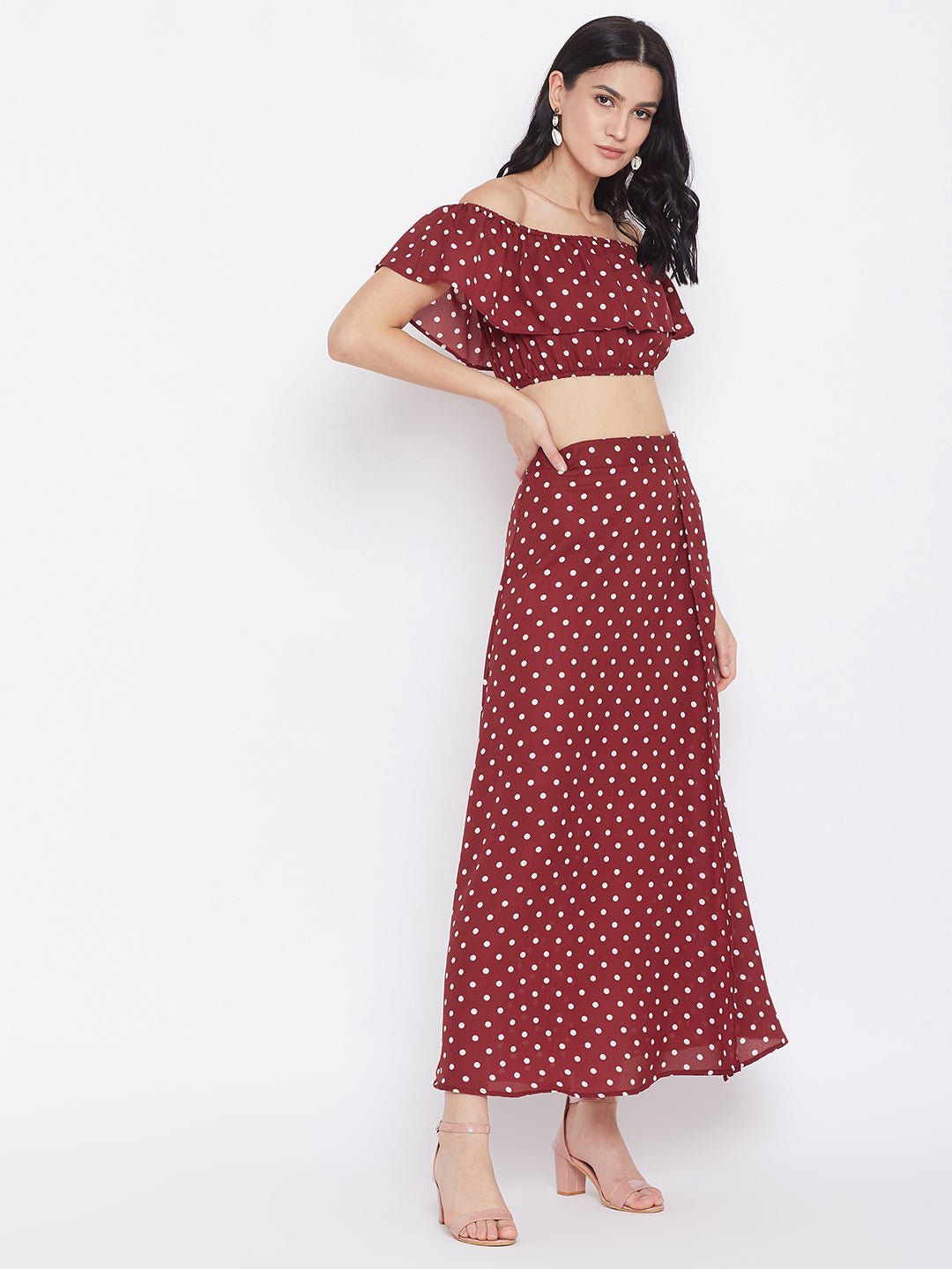 Folk Republic Women Red Polka Dot Printed Off-Shoulder Co-Ord Maxi Dress - #folk republic#
