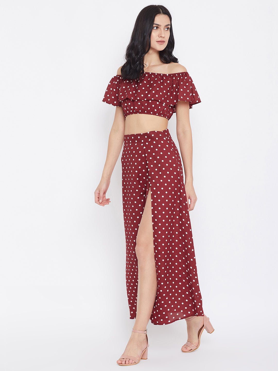 Folk Republic Women Red Polka Dot Printed Off-Shoulder Co-Ord Maxi Dress - #folk republic#