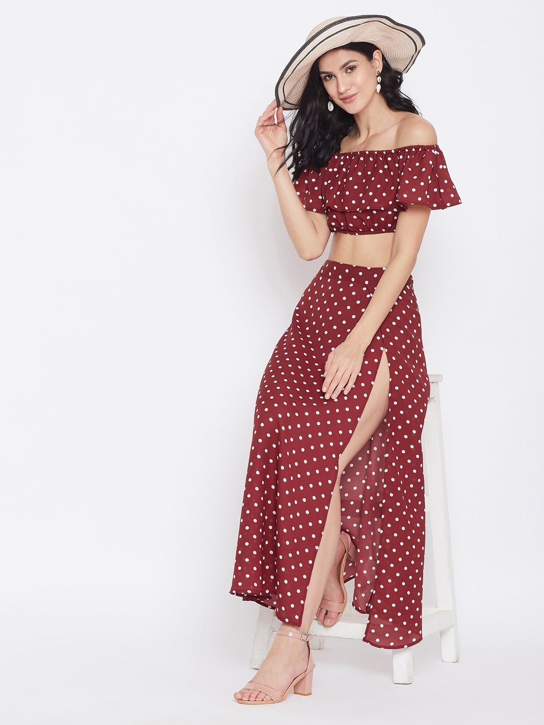 Folk Republic Women Red Polka Dot Printed Off-Shoulder Co-Ord Maxi Dress - #folk republic#
