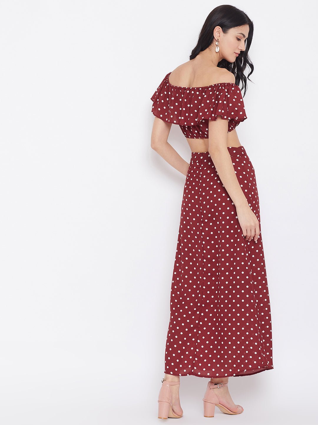 Folk Republic Women Red Polka Dot Printed Off-Shoulder Co-Ord Maxi Dress - #folk republic#