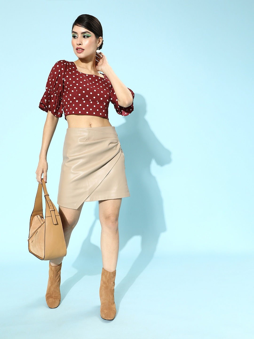 Folk Republic Women Red Polka Dot Printed Square-Neck Crepe Ruffled Crop Top - #folk republic#