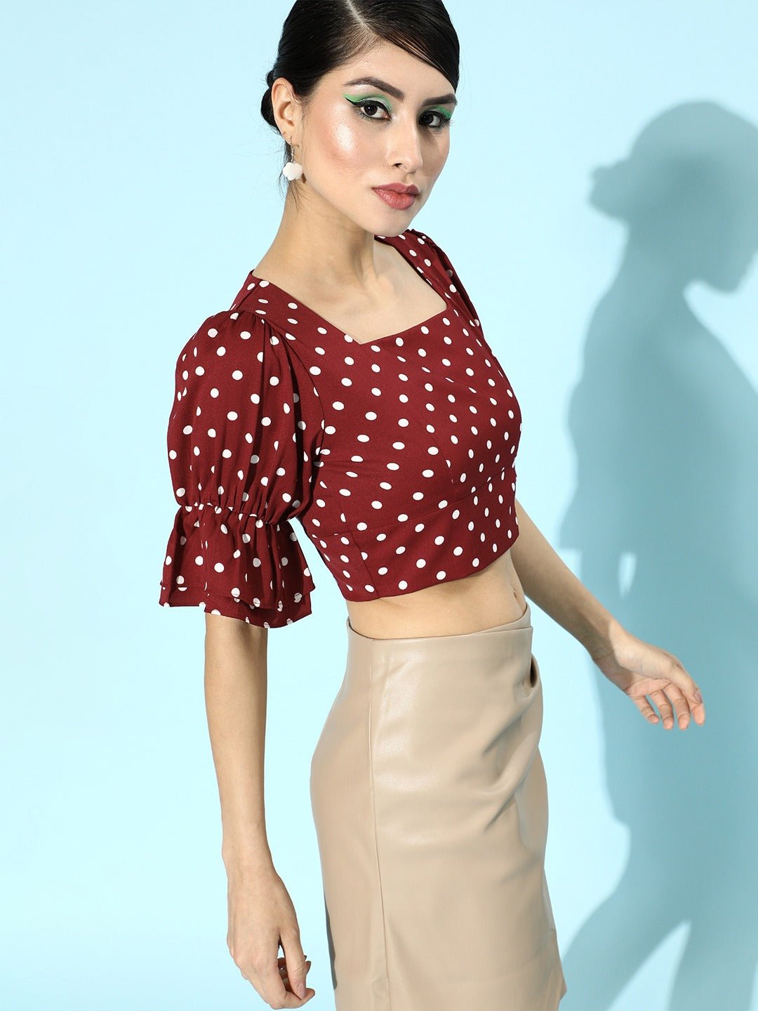 Folk Republic Women Red Polka Dot Printed Square-Neck Crepe Ruffled Crop Top - #folk republic#
