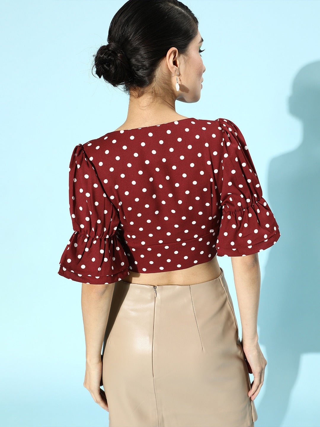 Folk Republic Women Red Polka Dot Printed Square-Neck Crepe Ruffled Crop Top - #folk republic#